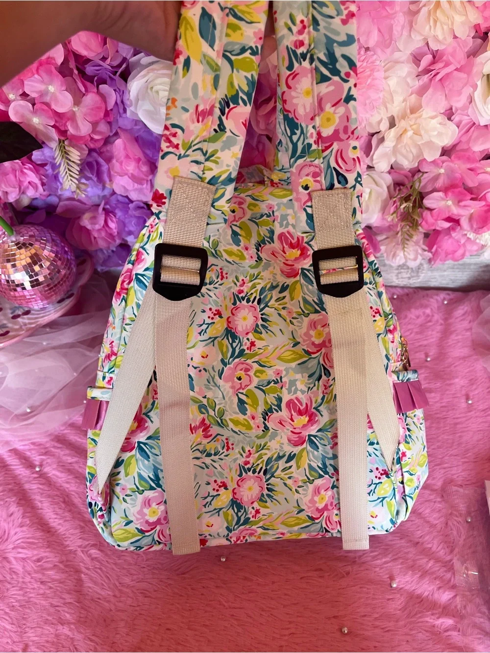 Floral Print Backpack with Pink Ribbon Trim